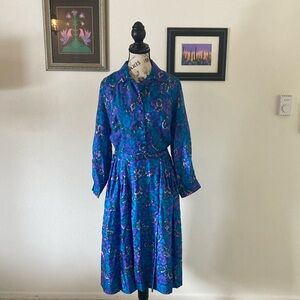 Vintage Silk Floral Blue Dress